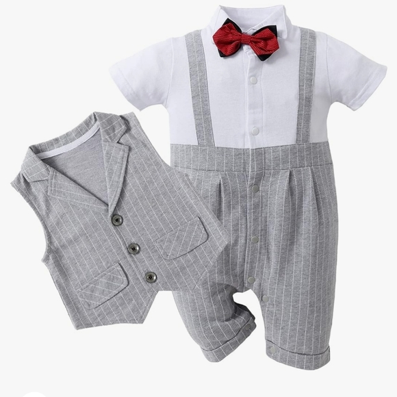 HOSUKKO Baby Boy Suit, One-Piece Romper & Vest & Bowtie (18 - 24 Months) - Picture 4 of 5